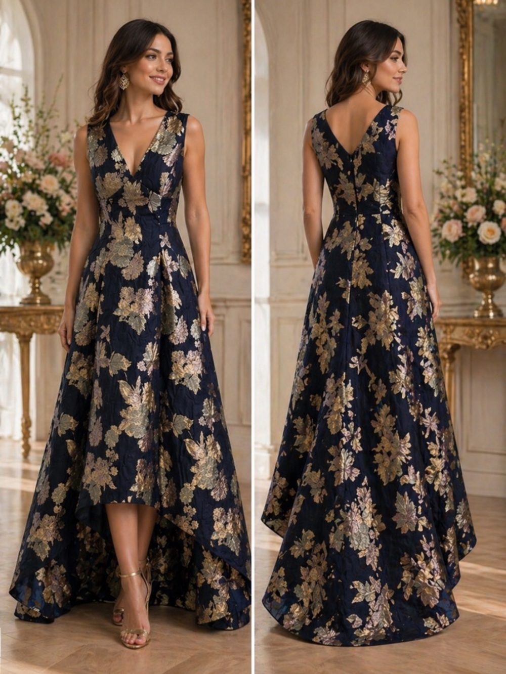 Aidan Mattox navy multi floral jacquard high low v neck dress